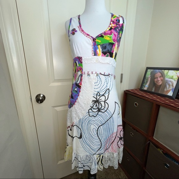 Forla Paris Mixed Media Sleeveless Dress Lace Abalone Shell Cotton Sz S - Picture 3 of 17